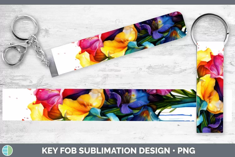 Watercolor Rainbow Freesia Key Fob | Sublimation Wristlet De