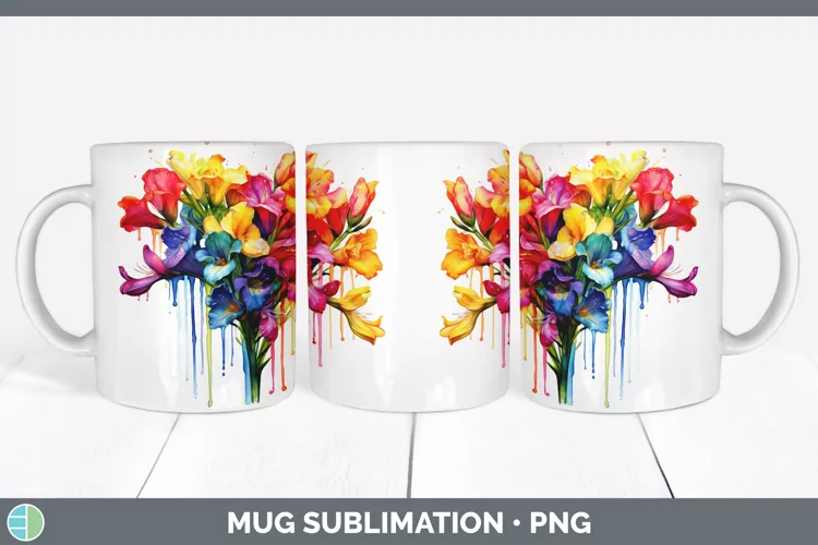 Watercolor Rainbow Freesia Mug Wrap | Sublimation Coffee Cup