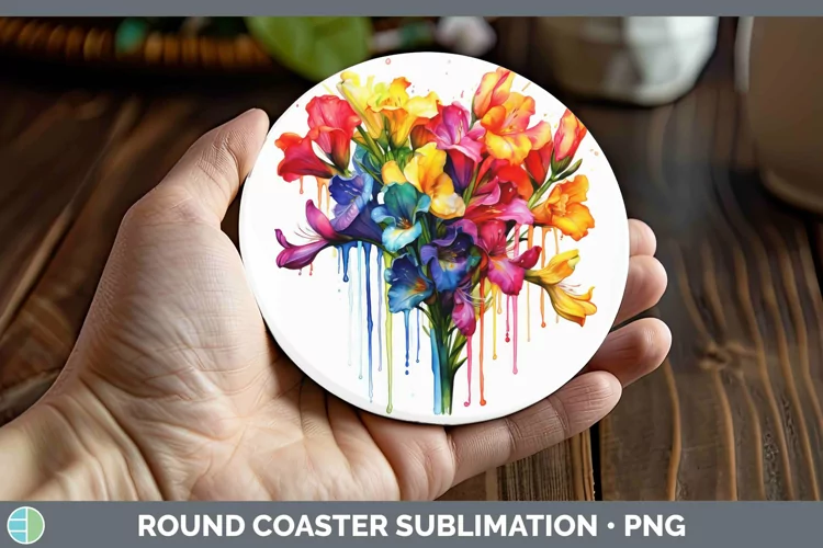 Watercolor Rainbow Freesia Round Coaster | Sublimation Coast