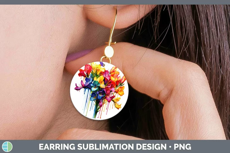Watercolor Rainbow Freesia Round Earrings | Sublimation Earr