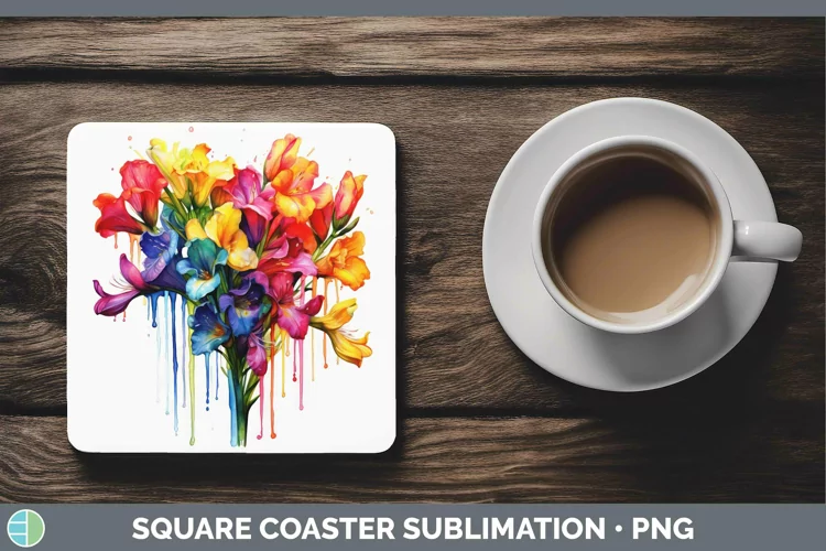 Watercolor Rainbow Freesia Square Coaster | Sublimation Coas