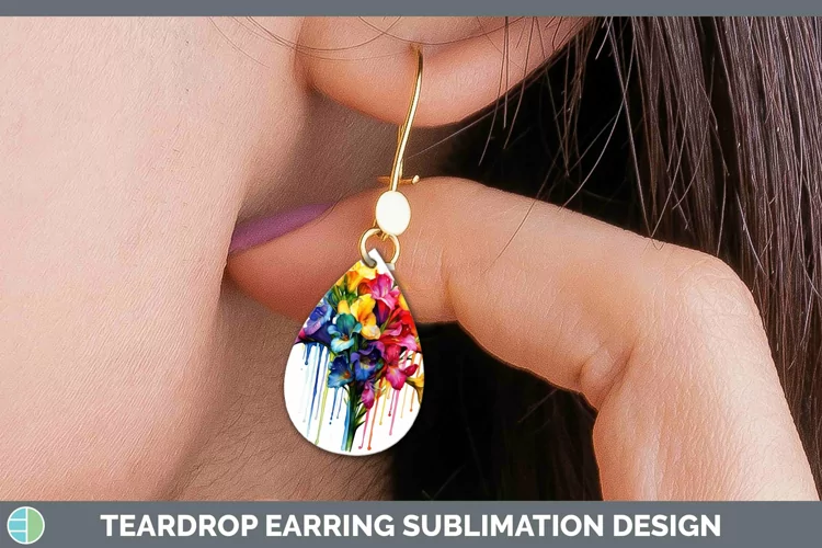 Watercolor Rainbow Freesia Teardrop Earrings | Sublimation E