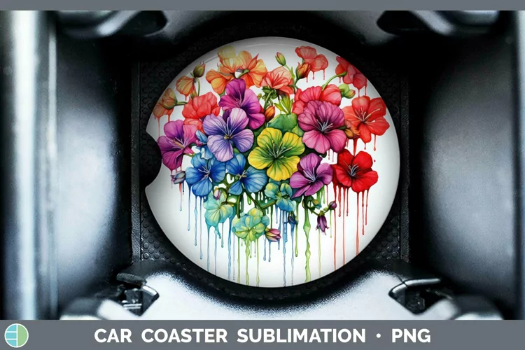 Watercolor Rainbow Geranium Car Coaster | Sublimation Coaste