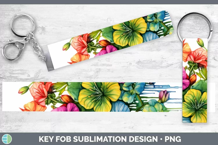 Watercolor Rainbow Geranium Key Fob | Sublimation Wristlet D