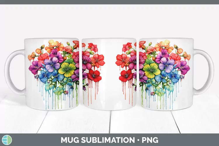 Watercolor Rainbow Geranium Mug Wrap | Sublimation Coffee Cu