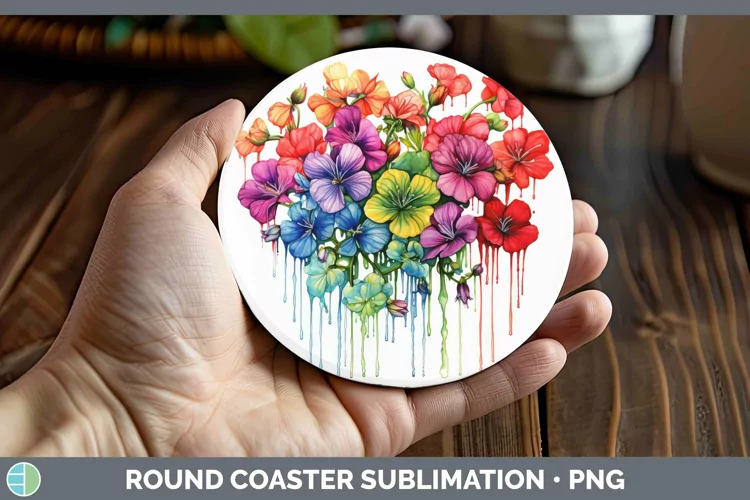 Watercolor Rainbow Geranium Round Coaster | Sublimation Coas