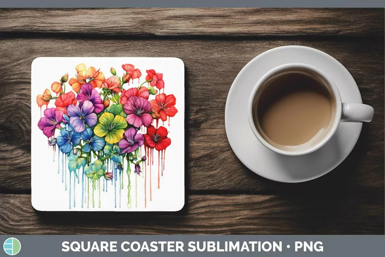 Watercolor Rainbow Geranium Square Coaster | Sublimation Coa
