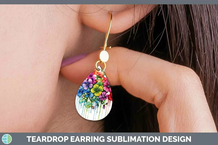 Watercolor Rainbow Geranium Teardrop Earrings | Sublimation