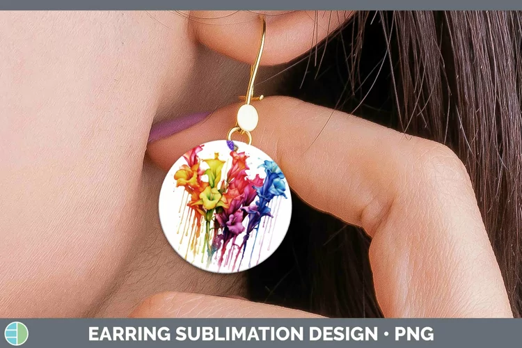 Watercolor Rainbow Gladiolus Round Earrings | Sublimation Ea