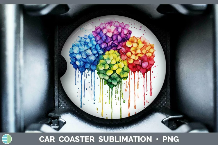 Watercolor Rainbow Hydrangea Car Coaster | Sublimation Coast