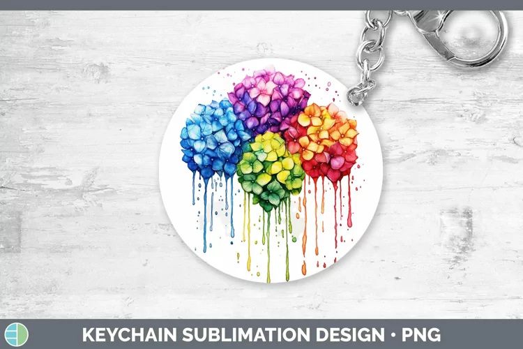 Watercolor Rainbow Hydrangea Keychain | Sublimation Keyring