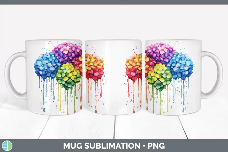Watercolor Rainbow Hydrangea Mug Wrap | Sublimation Coffee C