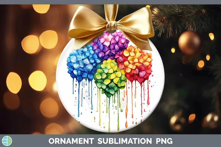 Watercolor Rainbow Hydrangea Ornament | Sublimation Bauble D