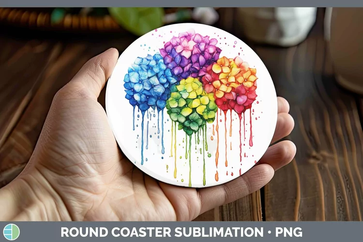 Watercolor Rainbow Hydrangea Round Coaster | Sublimation Coa