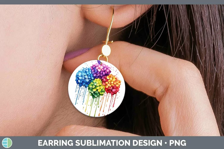 Watercolor Rainbow Hydrangea Round Earrings | Sublimation Ea