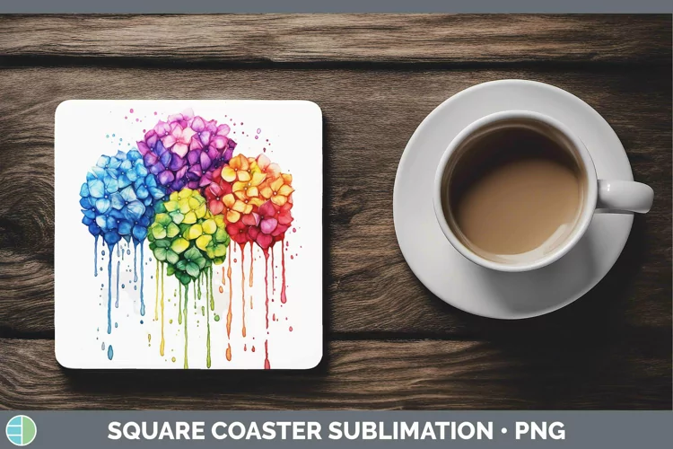 Watercolor Rainbow Hydrangea Square Coaster | Sublimation Co