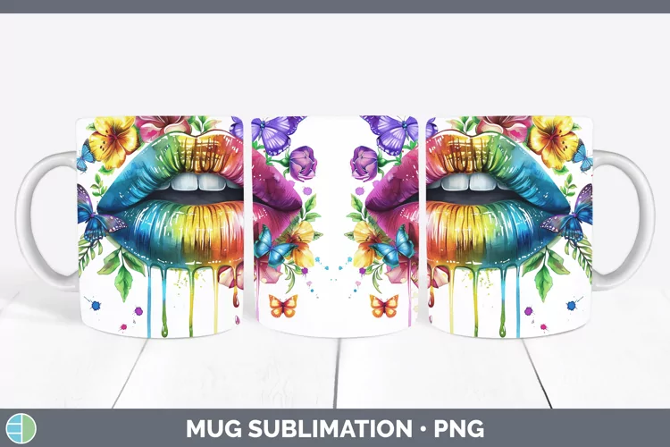Watercolor Rainbow Lips Mug Wrap Sublimation Coffee Cup Desi