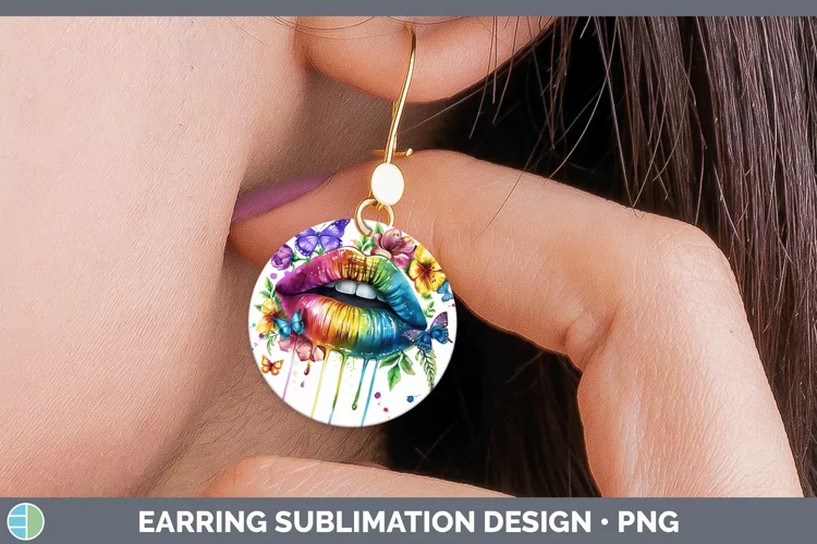 Watercolor Rainbow Lips Round Earrings Sublimation Earrings