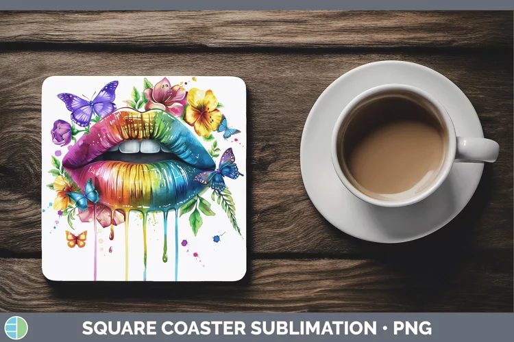 Watercolor Rainbow Lips Square Coaster Sublimation Coaster D