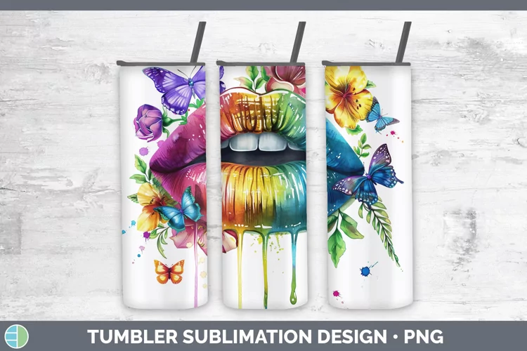 Watercolor Rainbow Lips Tumbler Sublimation 20 oz Skinny Tum