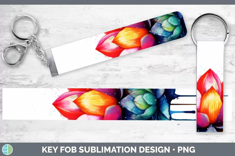 Watercolor Rainbow Lotus Key Fob | Sublimation Wristlet Desi