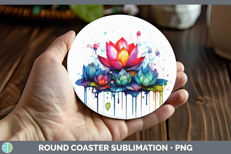 Watercolor Rainbow Lotus Round Coaster | Sublimation Coaster