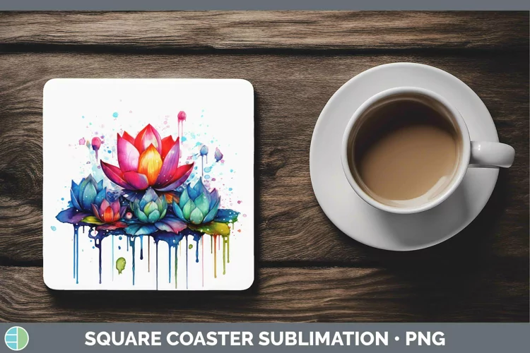 Watercolor Rainbow Lotus Square Coaster | Sublimation Coaste