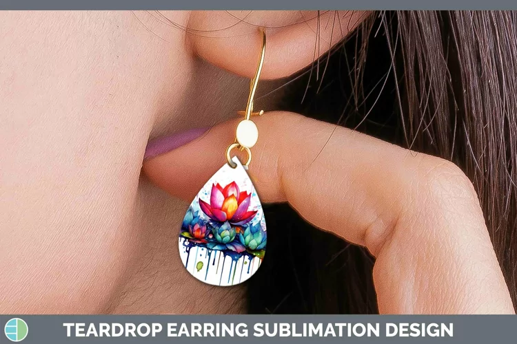 Watercolor Rainbow Lotus Teardrop Earrings | Sublimation Ear