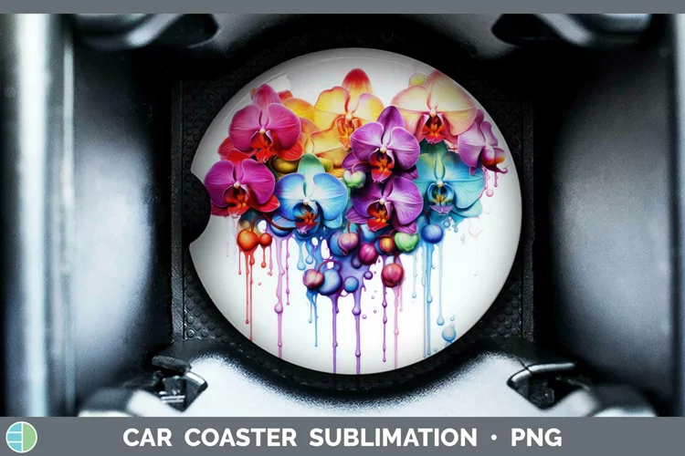 Watercolor Rainbow Orchid Car Coaster | Sublimation Coaster