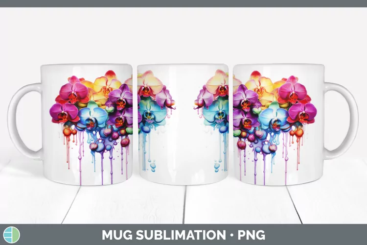 Watercolor Rainbow Orchid Mug Wrap | Sublimation Coffee Cup