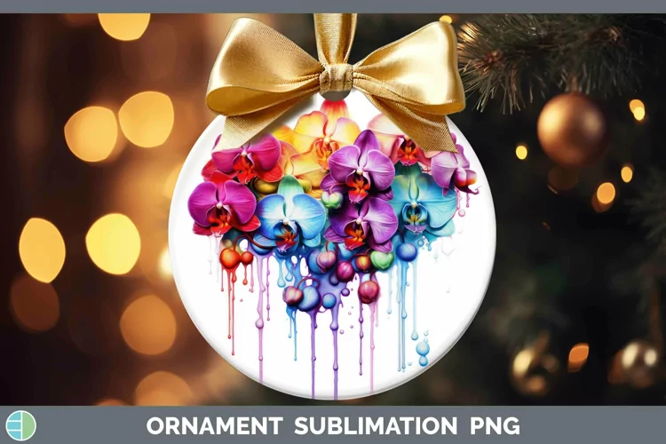 Watercolor Rainbow Orchid Ornament | Sublimation Bauble Desi