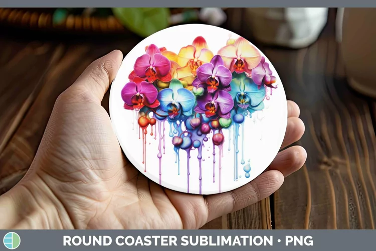 Watercolor Rainbow Orchid Round Coaster | Sublimation Coaste
