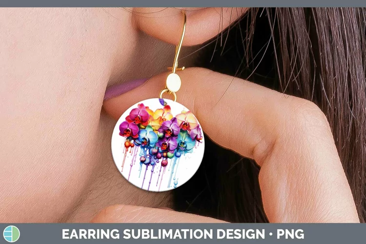Watercolor Rainbow Orchid Round Earrings | Sublimation Earri