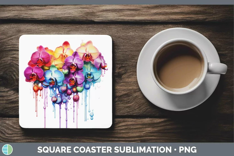Watercolor Rainbow Orchid Square Coaster | Sublimation Coast