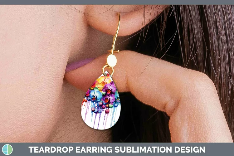 Watercolor Rainbow Orchid Teardrop Earrings | Sublimation Ea