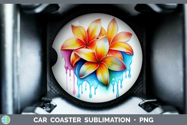 Watercolor Rainbow Plumeria Car Coaster | Sublimation Coaste