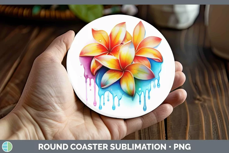 Watercolor Rainbow Plumeria Round Coaster | Sublimation Coas