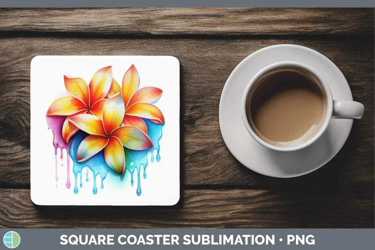 Watercolor Rainbow Plumeria Square Coaster | Sublimation Coa