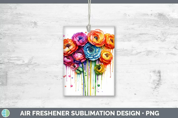 Watercolor Rainbow Ranunculus Air Freshener | Sublimation Ca