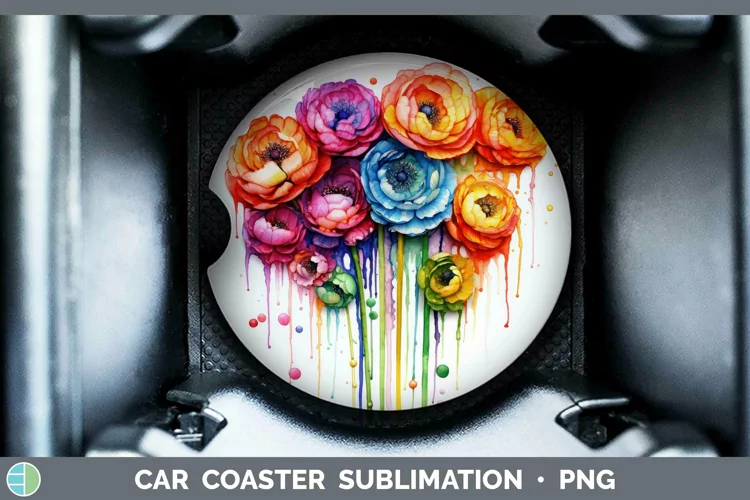 Watercolor Rainbow Ranunculus Car Coaster | Sublimation Coas