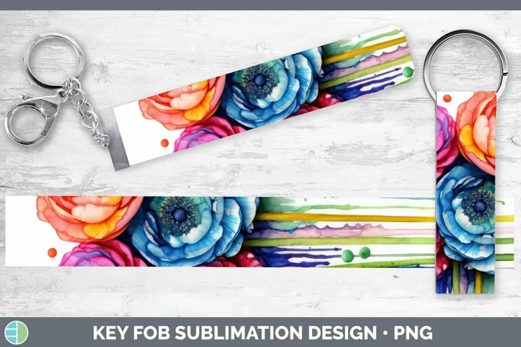 Watercolor Rainbow Ranunculus Key Fob | Sublimation Wristlet