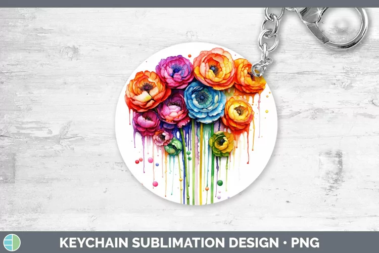 Watercolor Rainbow Ranunculus Keychain | Sublimation Keyring