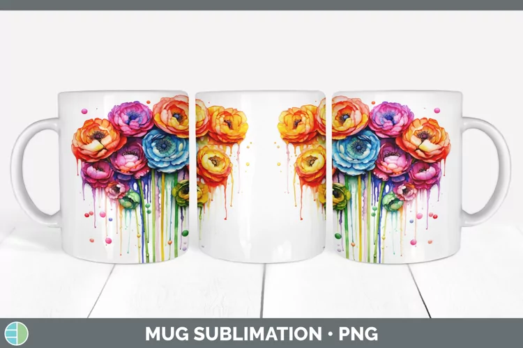 Watercolor Rainbow Ranunculus Mug Wrap | Sublimation Coffee