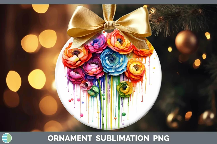 Watercolor Rainbow Ranunculus Ornament | Sublimation Bauble