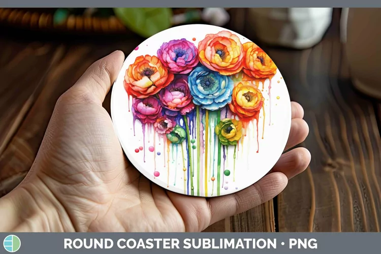 Watercolor Rainbow Ranunculus Round Coaster | Sublimation Co