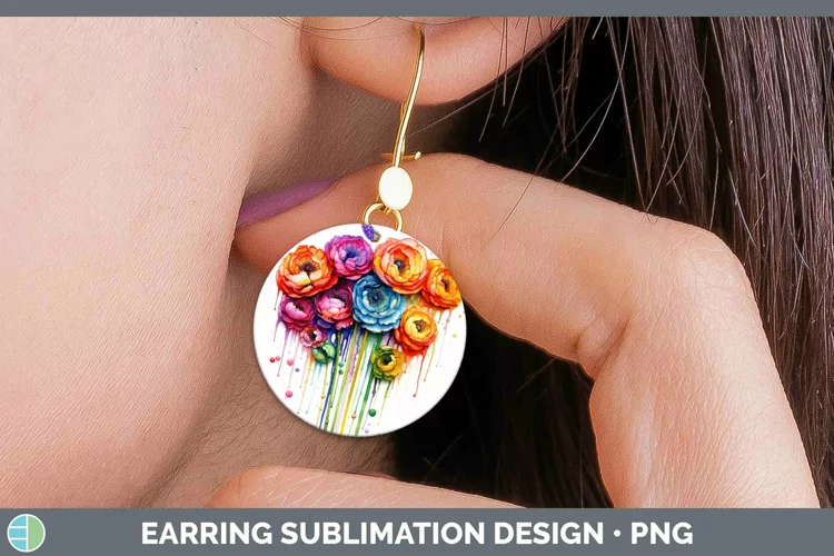 Watercolor Rainbow Ranunculus Round Earrings | Sublimation E