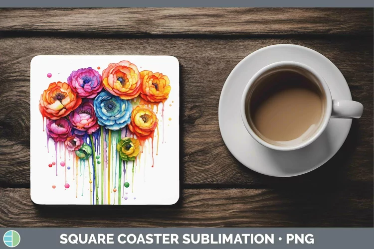 Watercolor Rainbow Ranunculus Square Coaster | Sublimation C