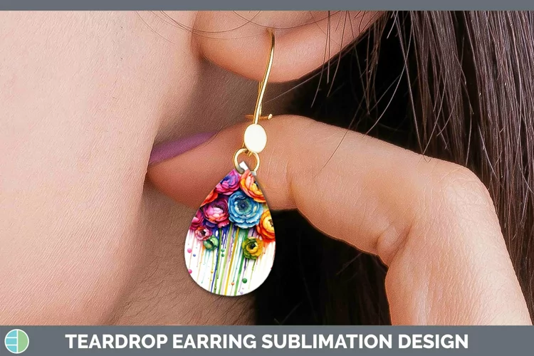 Watercolor Rainbow Ranunculus Teardrop Earrings | Sublimatio