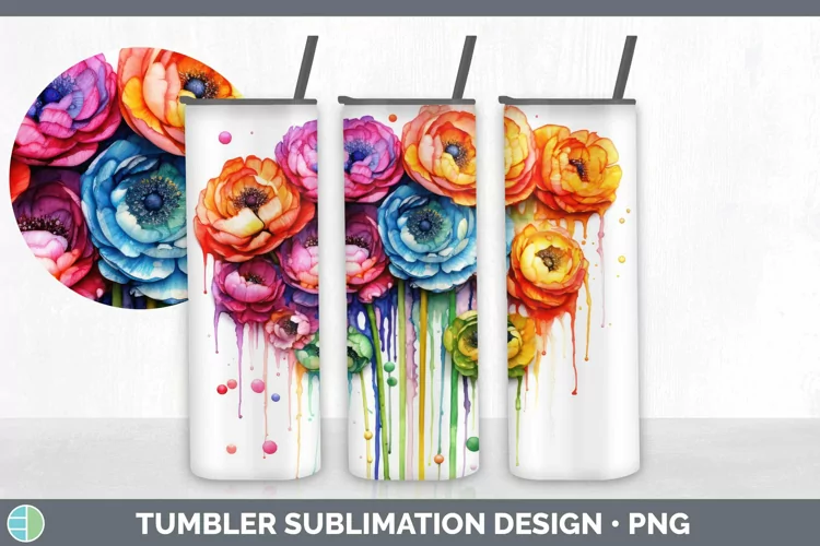 Watercolor Rainbow Ranunculus Tumbler | Sublimation 20 oz Sk