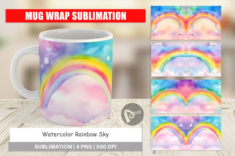 Mug Wrap Design Watercolor Rainbow Sky